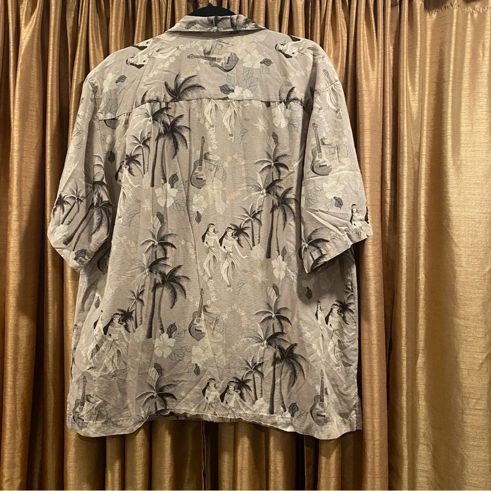 Seven Palm Hawaiian Shirt‎ Men's Lg Tan 100% Silk Hula Dancer Guitar Palm Trees